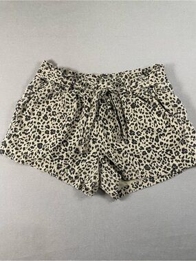 Jolt Junior’s Leopard Print Paperbag Waist Shorts - Beige/Black Linen Blend